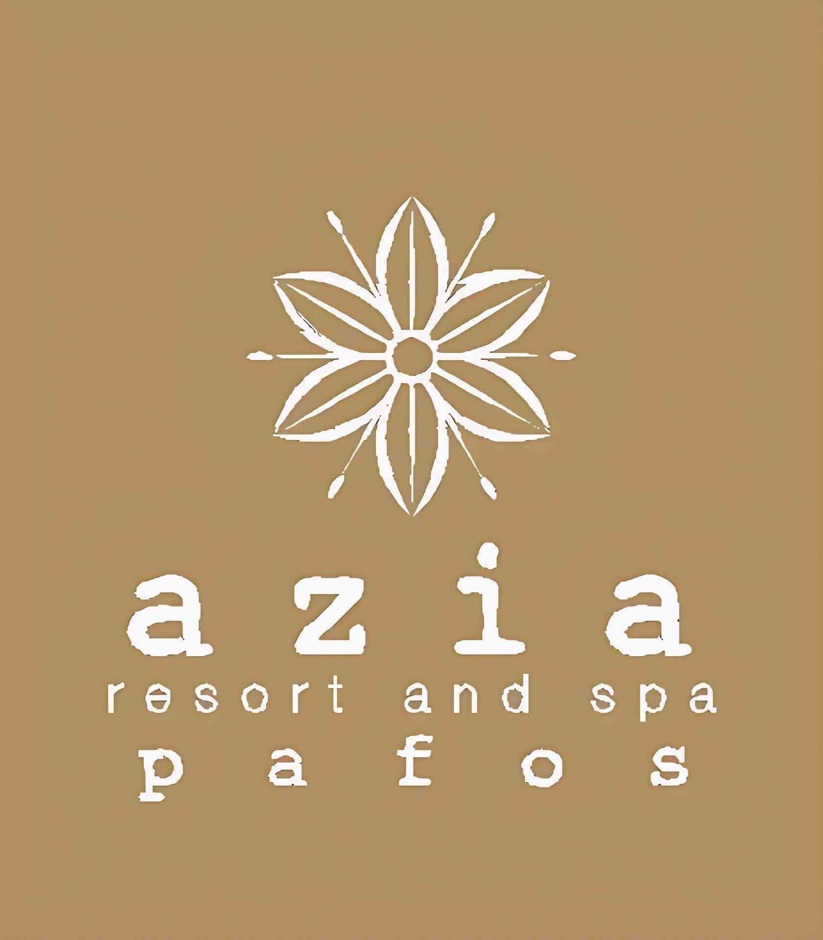 Logo ze stylizowanym kwiatem i tekstem Azia Resort and Spa w Pafos.