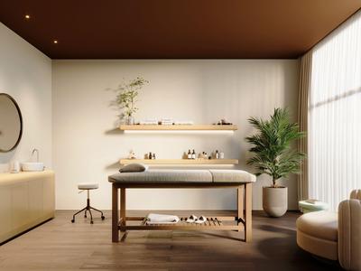 Sala de masajes moderna con mesa, plantas e iluminación cálida en un hotel.