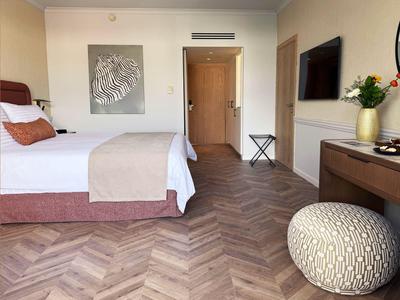 Camera d'hotel moderna con letto grande, TV, scrivania e opera d'arte decorativa sulla parete.