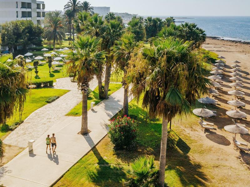 Promenade mit Palmen entlang eines Strandes mit Liegestühlen und einem Hotel im Hintergrund