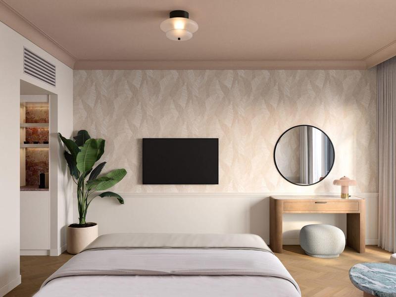 Modern eingerichtetes Schlafzimmer mit großem Fenster, Doppelbett und elegantem Mobiliar.