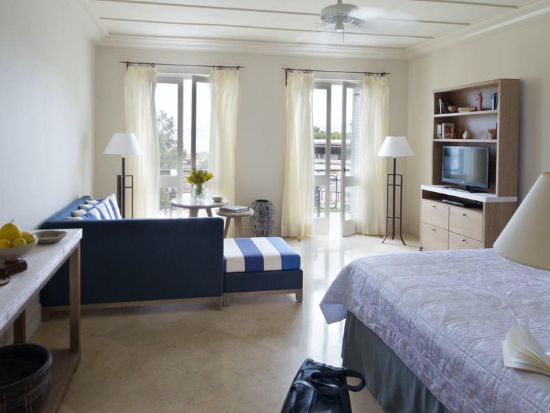 Heller Wohnraum mit Bett, blauem Sofa, Fernseher, Bücherregal und zwei Fenstern mit Vorhängen.