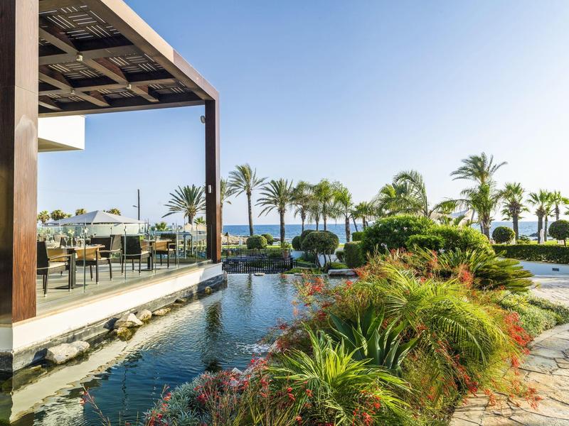Moderner Außenbereich mit Wasserlauf, grünen Pflanzen und Palmen vor blauem Himmel und Meer.
