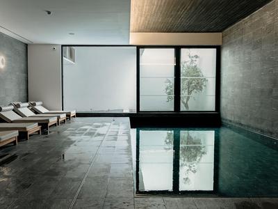 Modern indoor pool area with lounge chairs, dark tiles, and large windows showing trees.