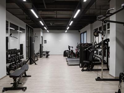 Modern gym with dumbbells, exercise machines, and light wood flooring in a hotel.