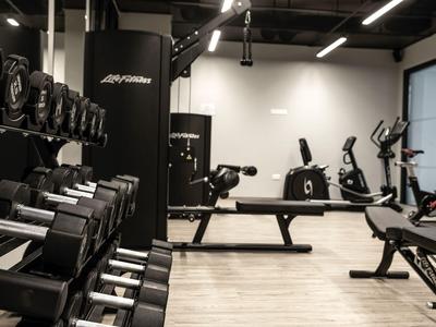 Modern gym with dumbbells and exercise equipment in a bright room.