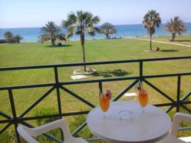 Blick von Balkon auf grünen Garten mit Palmen und Meer im Hintergrund, mit zwei Cocktails auf Tisch.