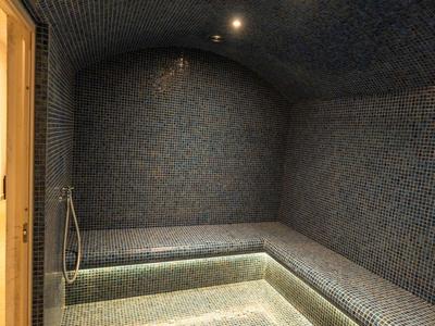 Moderner Saunaraum mit gewölbter Decke, blauen Mosaikfliesen und integrierter Beleuchtung.