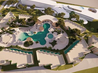 Modell eines Hotelkomplexes mit Pools, Grünflächen und mehreren Gebäuden