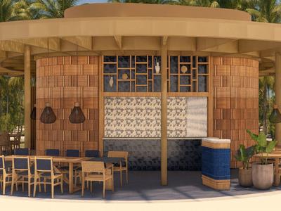 Moderner Außenbereich einer Bar mit Holzverkleidung und Sitzgelegenheiten, umgeben von Palmen.