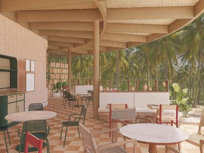 Terraza cubierta con mesas y sillas, palmeras y sol al fondo.