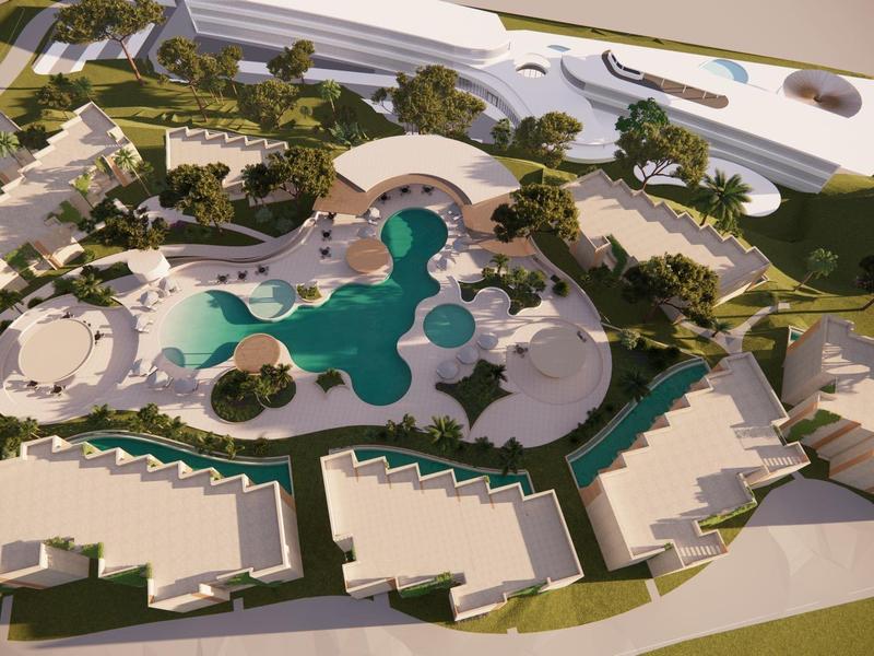 Modell eines Hotelkomplexes mit Pools, Grünflächen und mehreren Gebäuden