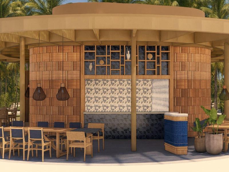 Moderner Außenbereich einer Bar mit Holzverkleidung und Sitzgelegenheiten, umgeben von Palmen.