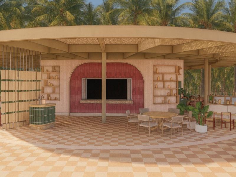 Offener Loungebereich mit Sitzgelegenheiten und TV, umgeben von Pflanzen und Palmen im Hintergrund.