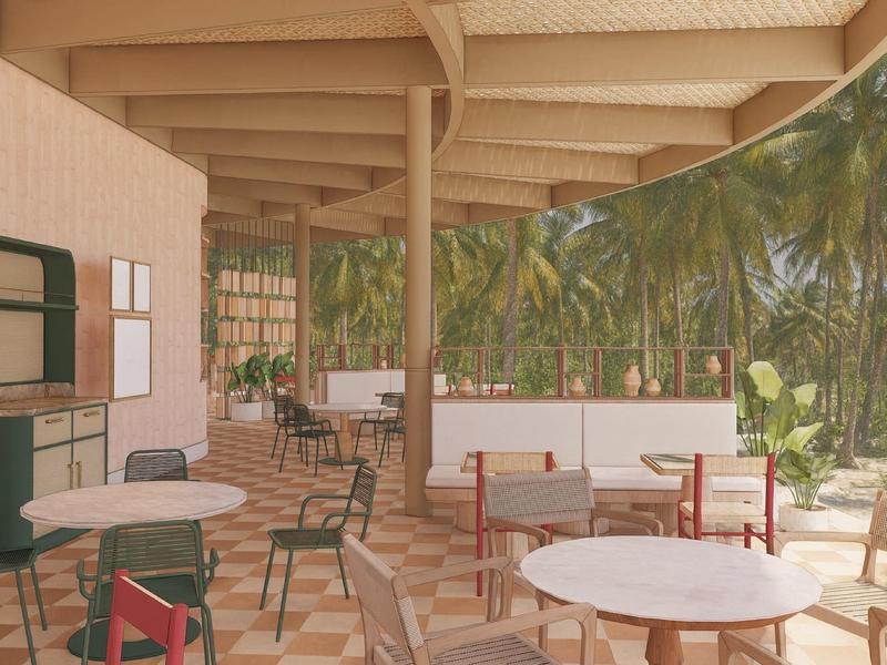 Überdachte Terrasse mit runden Tischen und Stühlen, Blick auf Palmen im Hintergrund.