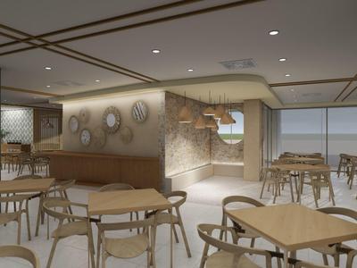 Caffè moderno e luminoso con mobili in legno e grandi finestre con vista sul mare.