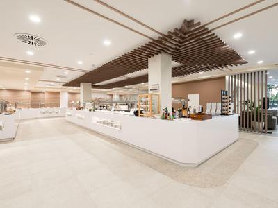 Nowoczesny hol hotelowy z białą recepcją i zaakcentowanym designem sufitu.