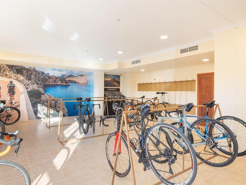 Locale luminoso per parcheggio biciclette con diverse bici da corsa e un murale di una strada costiera.
