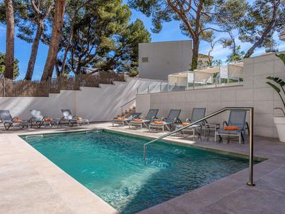 Moderner Poolbereich mit Liegestühlen und Bäumen im Hintergrund.