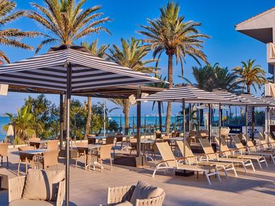 Sun terrace with lounge chairs and umbrellas by palm trees and sea under clear sky.