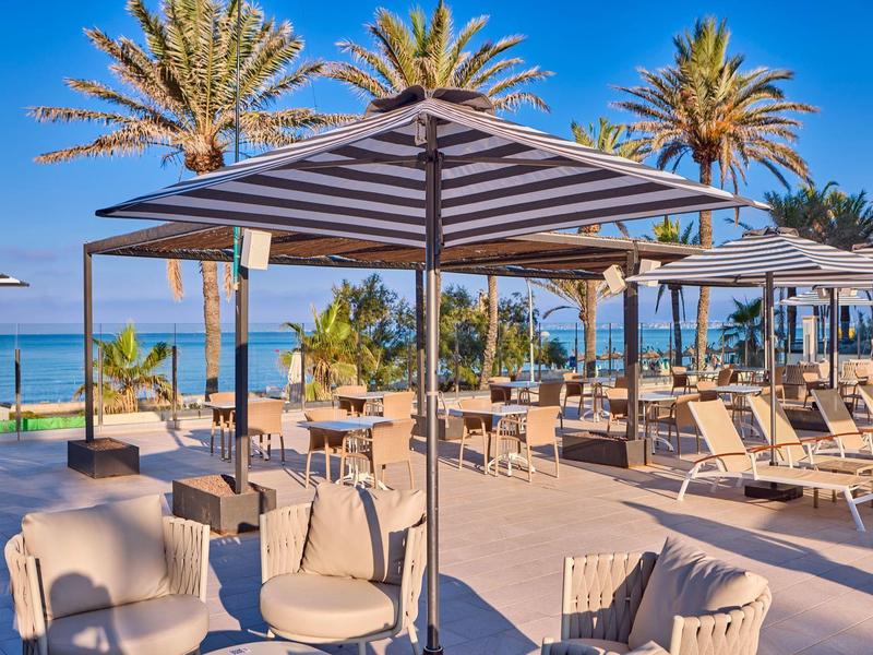 Beach terrace with umbrellas, chairs, loungers, palm trees, and ocean in background.