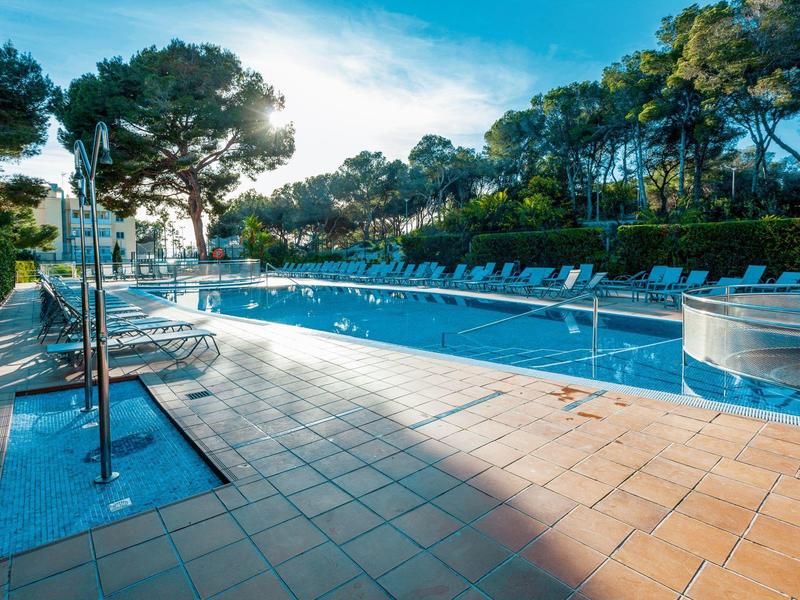 Une piscine extérieure avec des chaises longues entourée d'arbres sous un ciel clair.