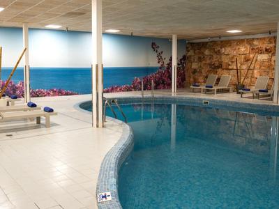 Basen kryty z niebieską wodą, leżakami i muralem z lawendą.