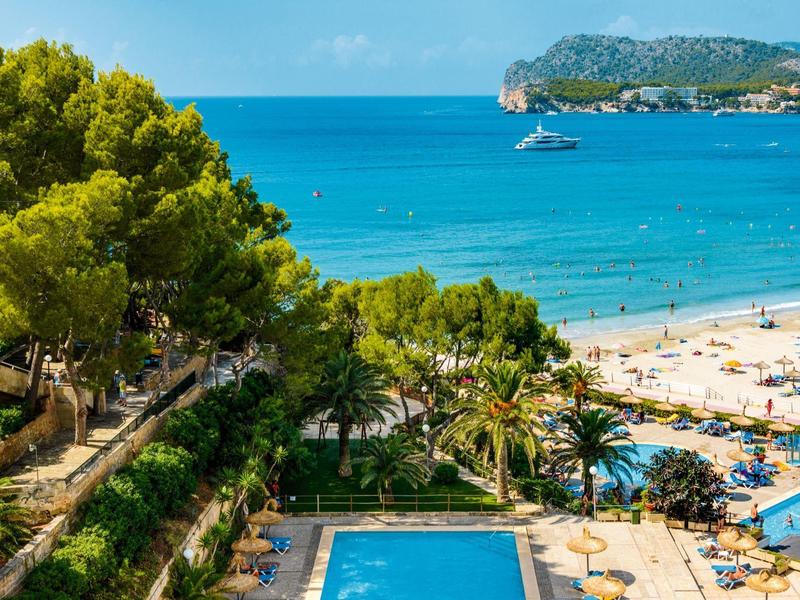 Widok na basen otoczony drzewami, plaża i morze z łodzią na horyzoncie.