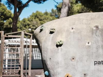 Ściana wspinaczkowa na zewnątrz z wieloma chwytami i drzewami w tle pod czystym niebem.