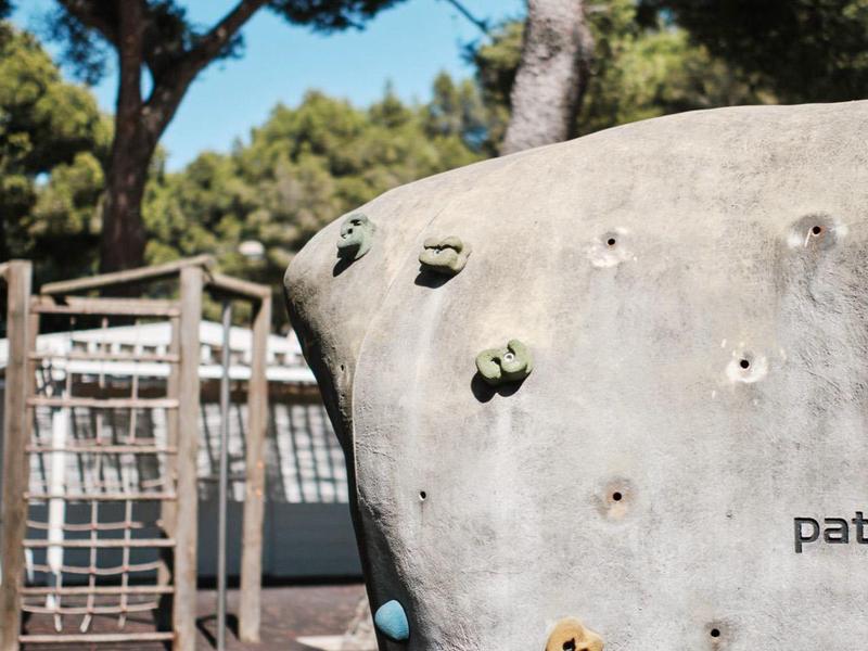 Ściana wspinaczkowa na zewnątrz z wieloma chwytami i drzewami w tle pod czystym niebem.