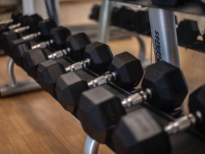 Rangée d'haltères noires hexagonales sur un support dans une salle de sport.