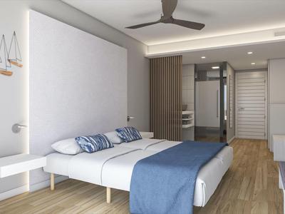 Moderne slaapkamer met tweepersoonsbed, houten vloer en plafondventilator in een hotelkamer.