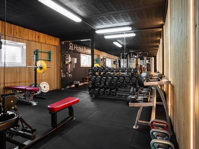 Interior view of a gym with dumbbells, exercise equipment, and wooden walls