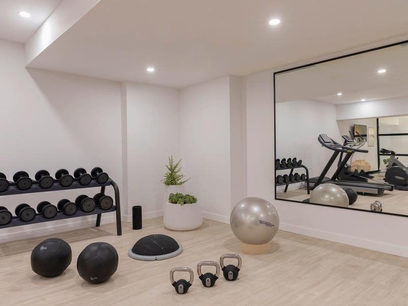 Palestra moderna con manubri, kettlebell, palle da esercizio e grande specchio.