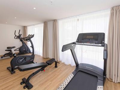 Palestra luminosa con tapis roulant, cyclette e vogatore vicino a grandi finestre.