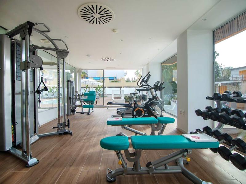 Moderner Fitnessraum mit Hanteln, Trainingsbank, Crosstrainern und großer Fensterfront.