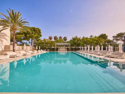 Grande piscina all'aperto con palme e lettini sotto un cielo azzurro.