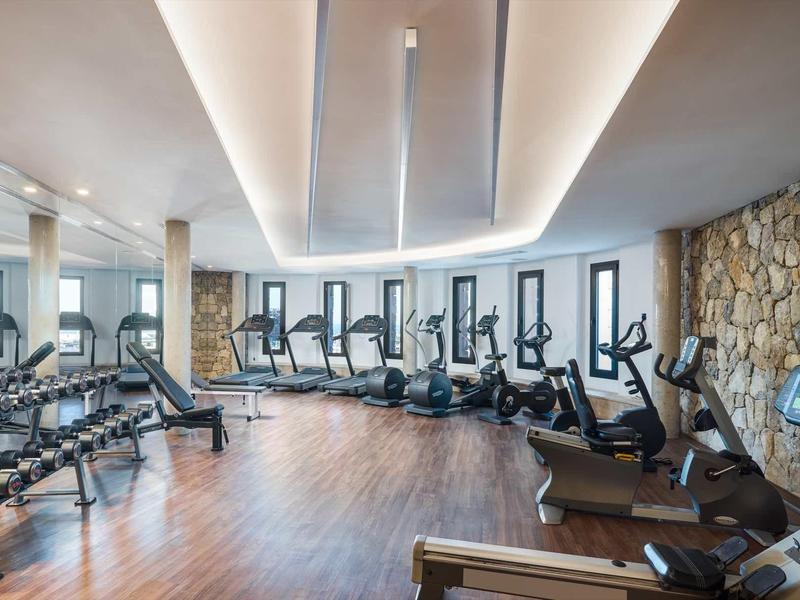 Modern gym with treadmills, ellipticals, and dumbbells in a bright room with wooden floors.