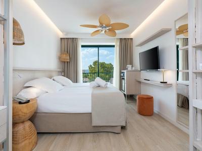 Bright, modern hotel room with double bed, ceiling fan, and large window with view.