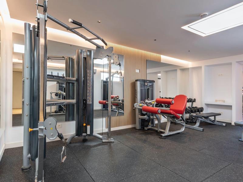 Modern fitness room with high-quality strength training equipment and mirrored walls.
