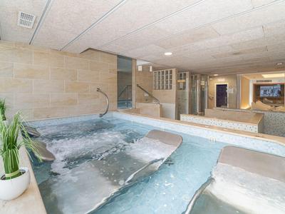 Moderner Innenwhirlpool mit sprudelndem Wasser und Pflanze in heller, entspannter Umgebung