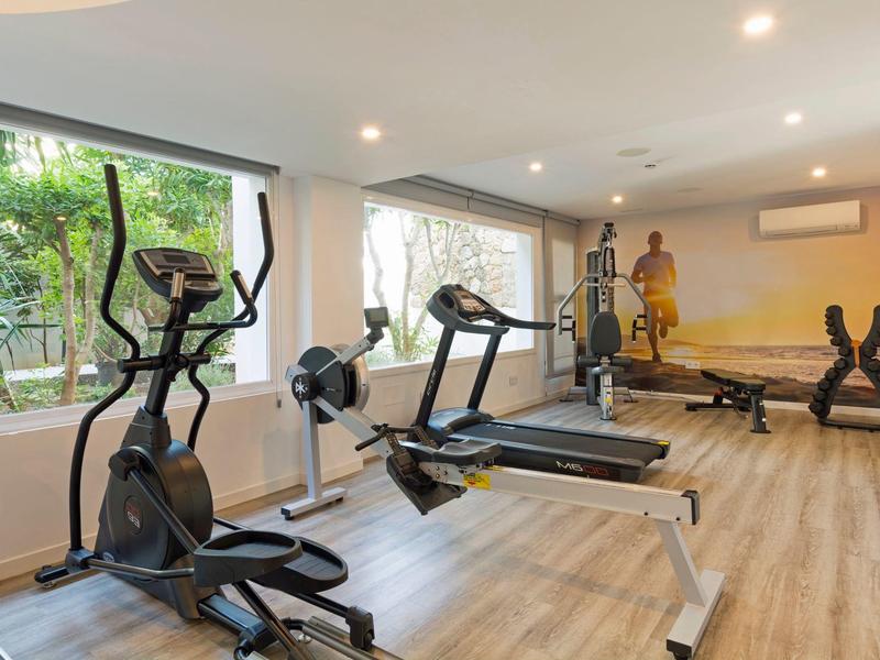 Bright gym with exercise bikes, rowing machines, and windows showing green plants outside.