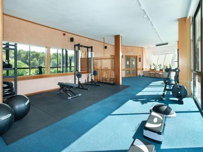 Lichte fitnessruimte met trainingsapparatuur en grote ramen met uitzicht op groen.