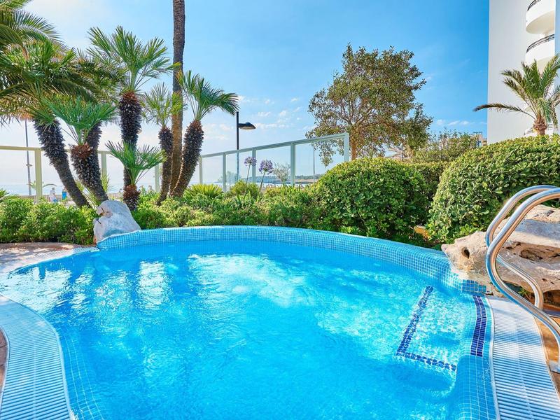 Kleiner Pool mit Leiter, umgeben von Palmen und grünen Büschen bei sonnigem Himmel.