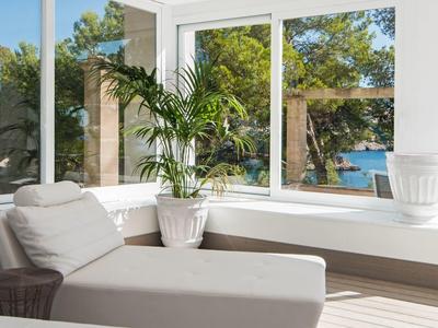 Pièce lumineuse avec grandes fenêtres, plante tropicale et vue sur la mer bleue.