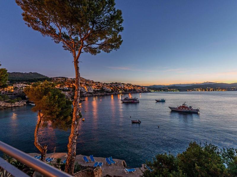 Vue sur la mer au coucher du soleil avec des arbres et des bateaux côtiers.