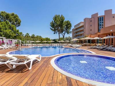 Hotelzwembad met houten terras, ligstoelen en palmbomen onder zonnige hemel.