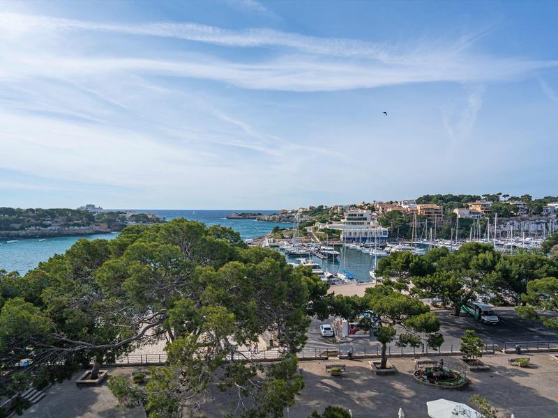 Scenic coastal view with boats docked near a marina and lush green trees under a blue sky.