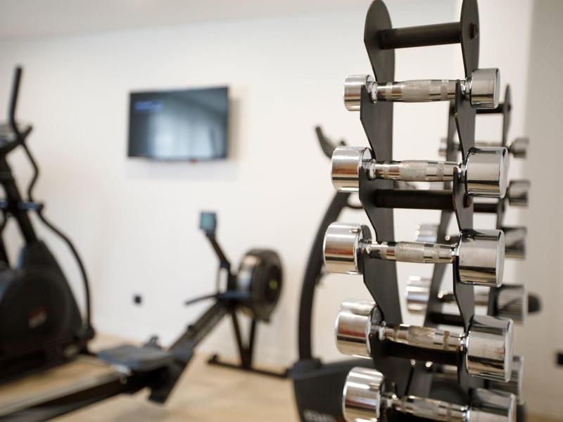 Modern gym area with dumbbells rack and cardio machines in a hotel setting.
