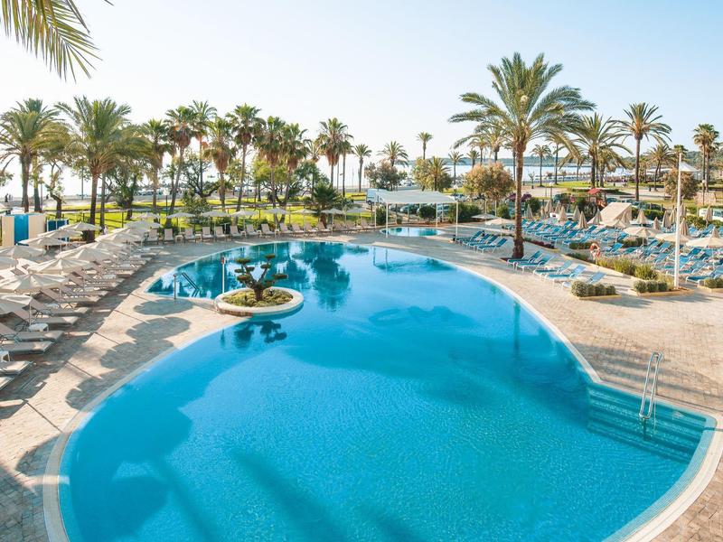 Resortzwembad omringd door palmbomen en ligstoelen onder een heldere hemel.